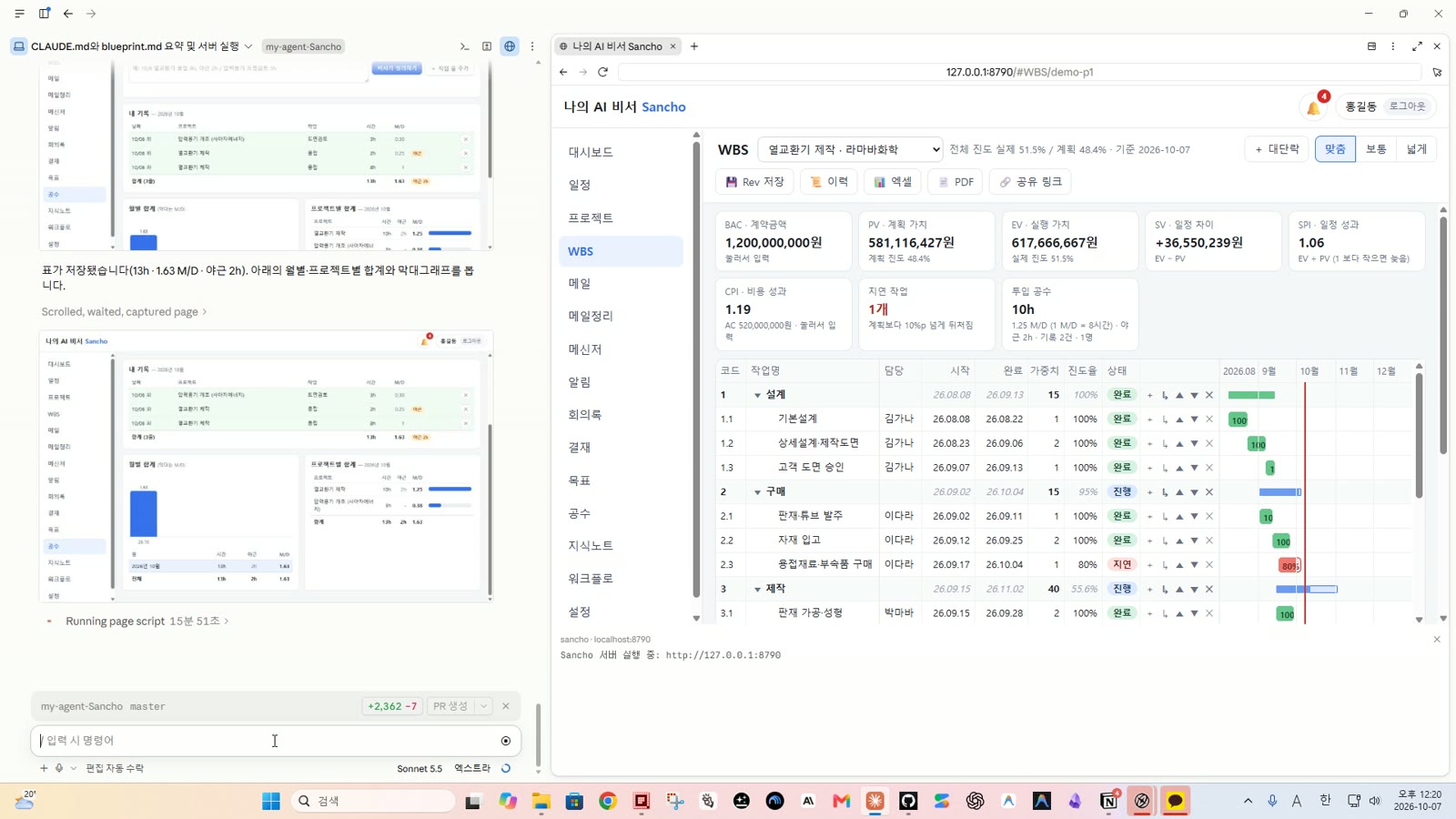 WBS 화면의 투입 공수 카드에 공수가 더해진 모습